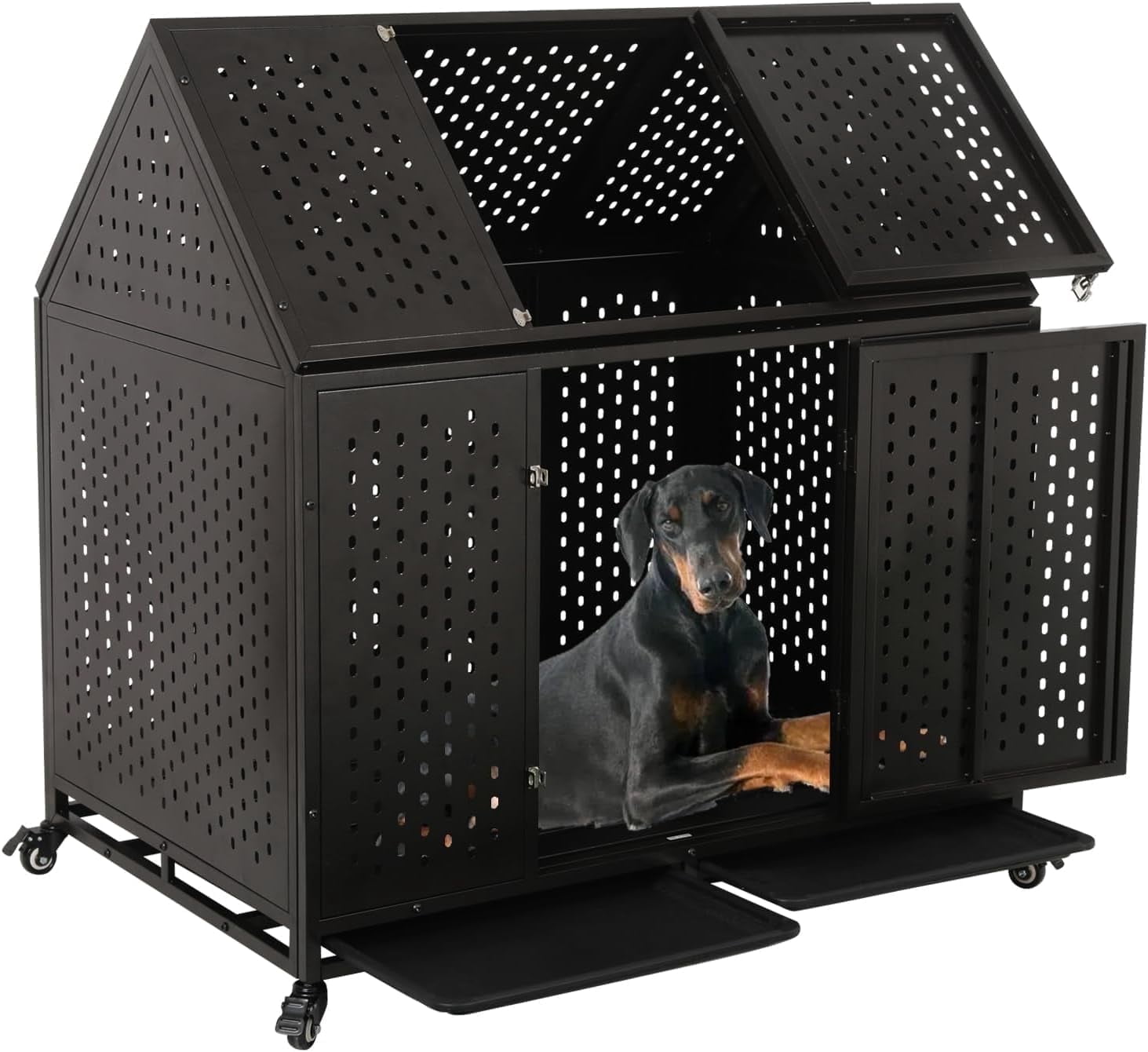 Ufyerutg 45'' Indestructible Heavy Duty Dog Crate, Escape Proof Strong Steel Impact Pet Cage for Large Medium Dogs, High Anxiety Sound Proof Chewproof Kennel Double Door with Trays and Wheels