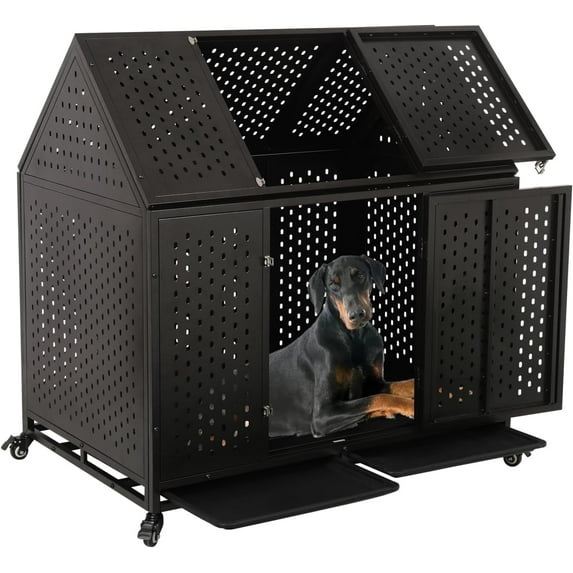 Ufyerutg 45'' Indestructible Heavy Duty Dog Crate, Escape Proof Strong Steel Impact Pet Cage for Large Medium Dogs, High Anxiety Sound Proof Chewproof Kennel Double Door with Trays and Wheels