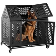 Ufyerutg 45 Indestructible Heavy Duty Dog Crate, Escape Proof Strong Steel Impact Pet Cage for Large Medium Dogs, High Anxiety Sound Proof Chewproof Kennel Double Door with Trays and Wheels