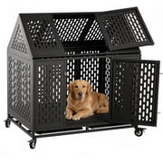 Ufyerutg 45 Indestructible Heavy Duty Dog Crate, Escape Proof Strong Steel Impact Pet Cage for Large Medium Dogs, High Anxiety Sound Proof Chewproof Kennel Double Door with Trays and Wheels