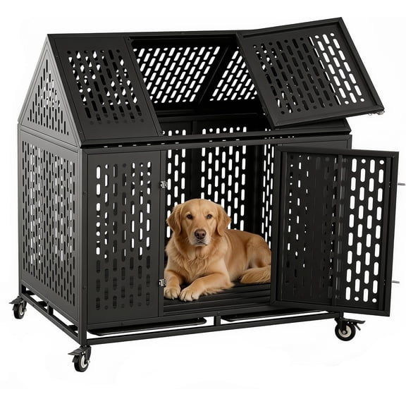 Ufyerutg 45'' Indestructible Heavy Duty Dog Crate, Escape Proof Strong Steel Impact Pet Cage for Large Medium Dogs, High Anxiety Sound Proof Chewproof Kennel Double Door with Trays and Wheels