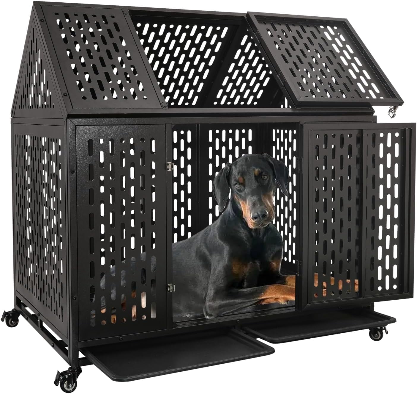 Ufyerutg 45'' Indestructible Heavy Duty Dog Crate, Escape Proof Strong Steel Impact Pet Cage for Large Medium Dogs, High Anxiety Sound Proof Chewproof Kennel Double Door with Trays and Wheels