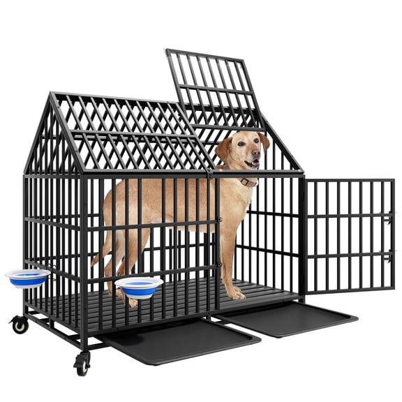 Ufyerutg 50'' Indestructible Heavy Duty Dog Crate, Escape Proof Strong Steel Impact Pet Cage for Large Giant Dogs, High Anxiety Sound Proof Chewproof Kennel Double Door with Trays and Wheels
