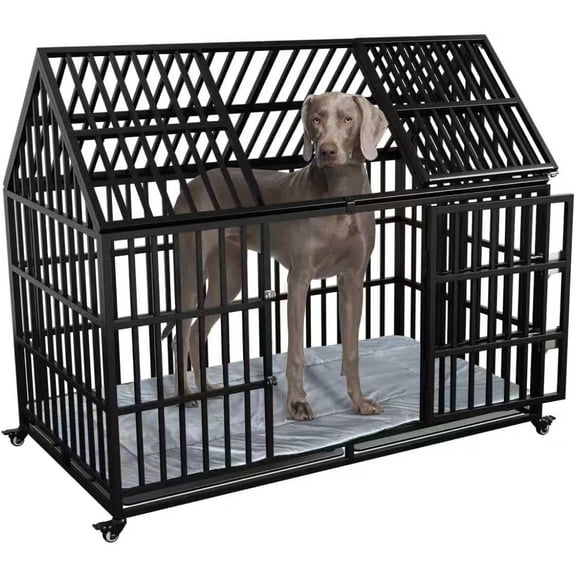 Ufyerutg 54 Inch Heavy Duty Dog Crate Extra Large Dog Cage Kennel, Indestructible XXL Dog Crate with Open Roof Top, Trays and Wheels, Escape-Proof for High Anxiety Giant Dogs