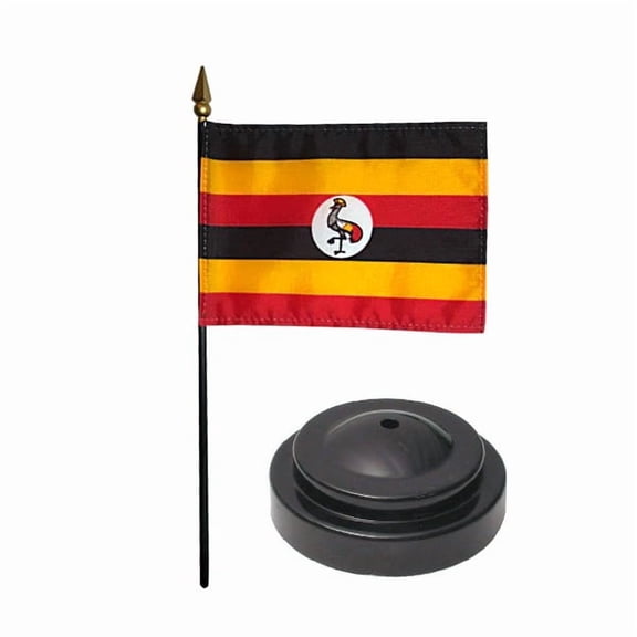Uganda Desk Flag with Base; American Made Rayon 4x6 inch Miniature Table Set Includes One Small Mini Country Stick Flags and One Black Stand (Uganda Desk Flag and Base)