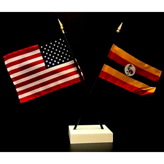 Uganda Desk Flag Set; Contains One USA and One Country Flag with a White Crossed Base, American Made