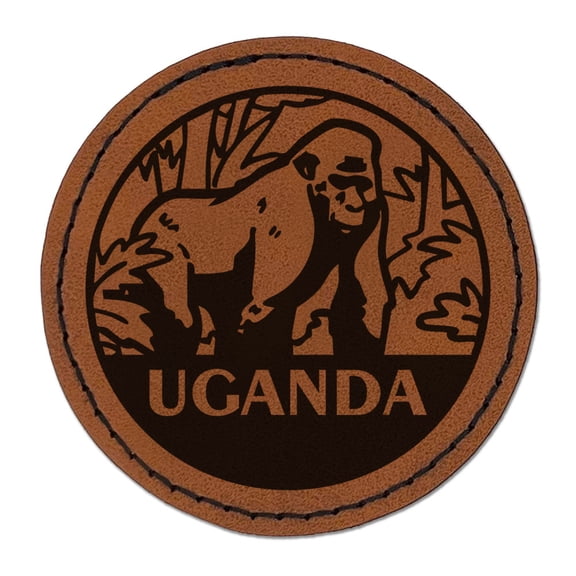 Uganda Mountain Gorilla Country Destination Travel Landmark Round Iron-On Engraved Faux Leather Patch Applique - 2.5 Inch - Brown