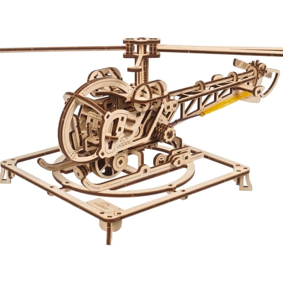 Ugears Mini Helicopter, 3D Puzzle, 4.5-inch Height, Brown