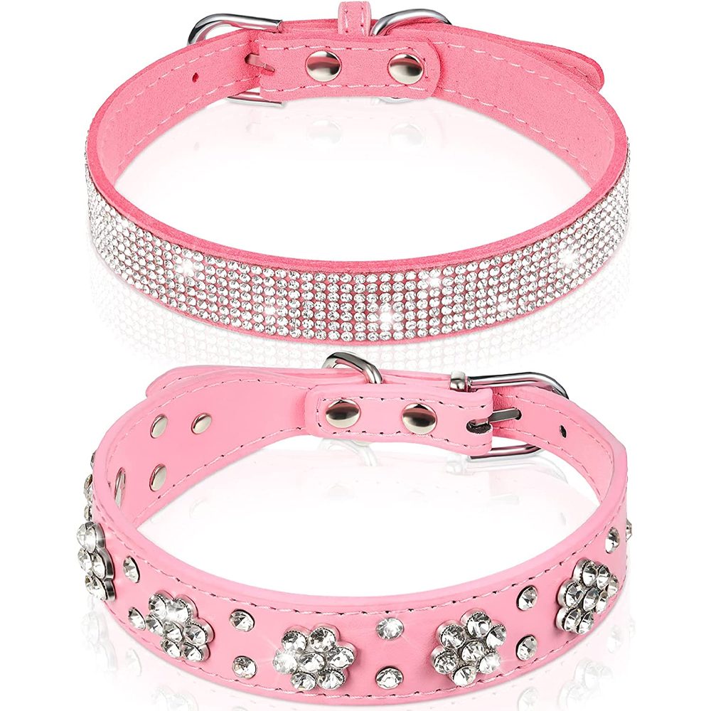 Ugerlov 2 PCS PU Leather Dog Collar Rhinestone Pet Collar Flower