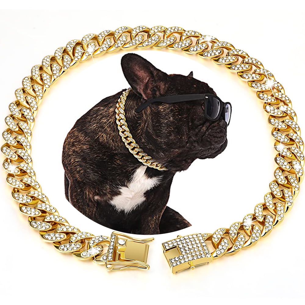 Ugerlov Dog Chain Collar Diamond Cuban Link Dog Collar, Chain Dog Collars with Secure Buckle