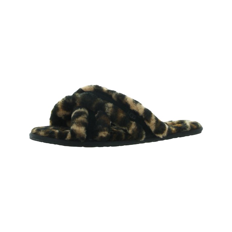 Fluffy leopard crisscross peep toe online slippers