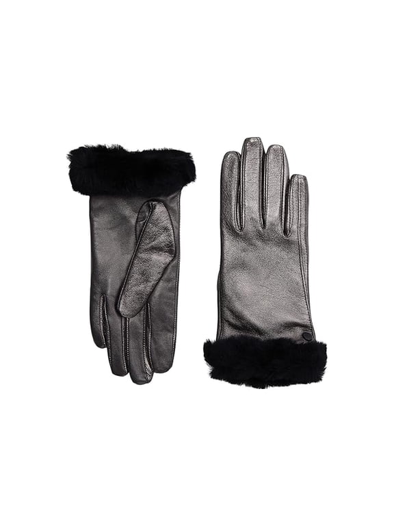 Ugg Shorty Shearling-Cuff Women's Grey/Black Leather Tech Gloves S