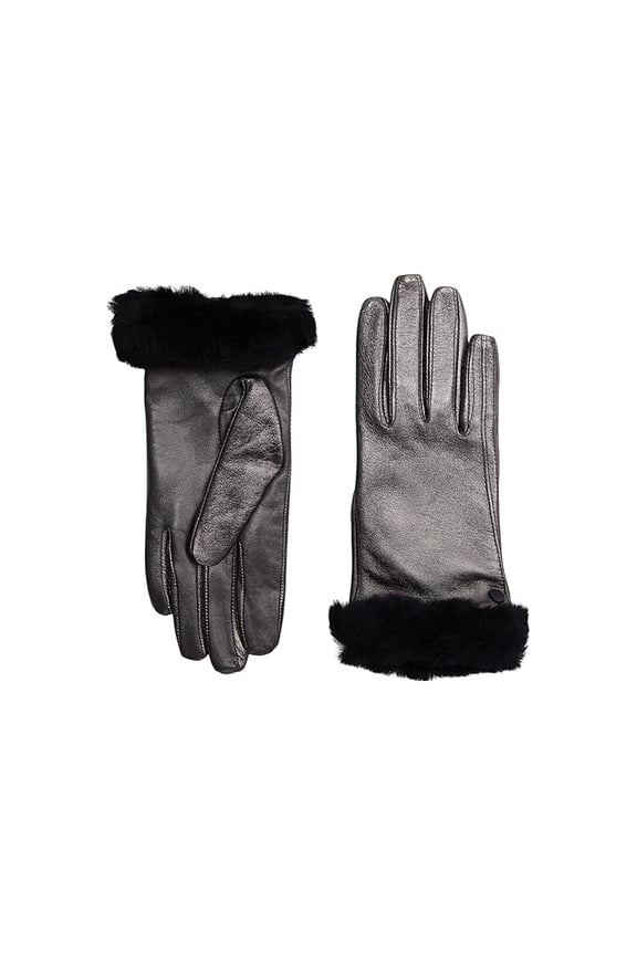 Ugg Shorty Shearling-Cuff Women's Grey/Black Leather Tech Gloves S