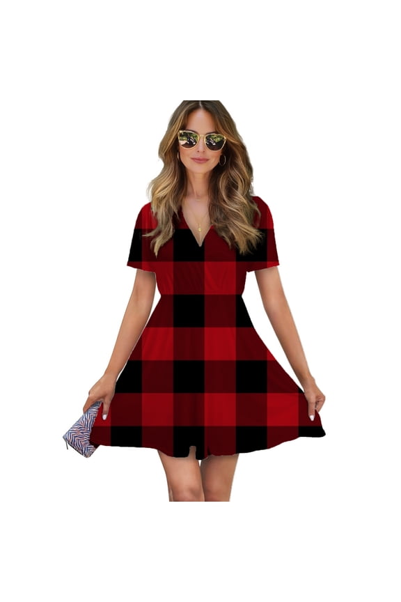 Ugliest Country Christmas Cottage Primitive Lumberjack Buffalo Plaid Women Dress V-Neck Short Sleeve Flowy Swing Party Midi Dress