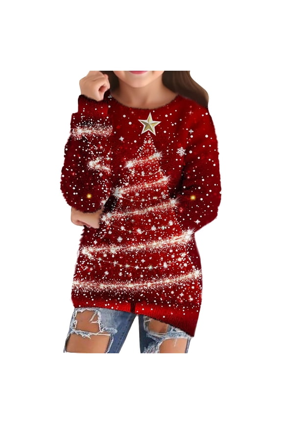 Uglr Christmas Sweater Girls Winter Light Up Shiny Xmas Tree Print Knitted Sweaters Kids Oversized Crewneck Sweatshi