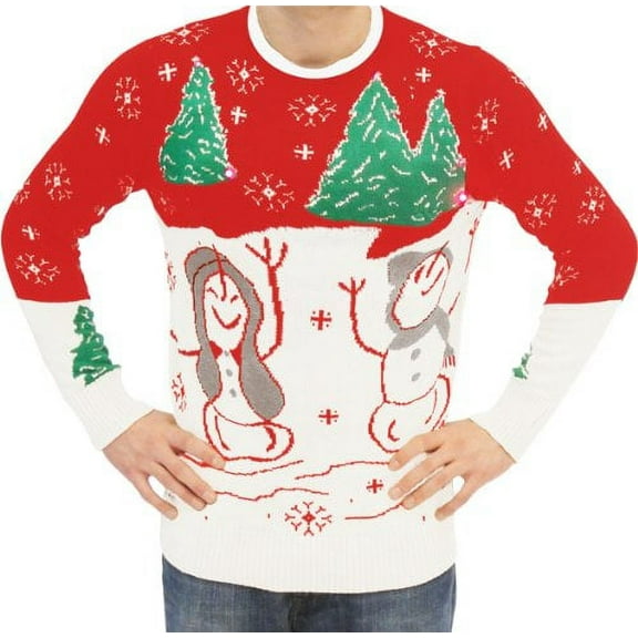 Ugly Adult Christmas Sweater Snowman & Trees Red & White with Flashing Lights