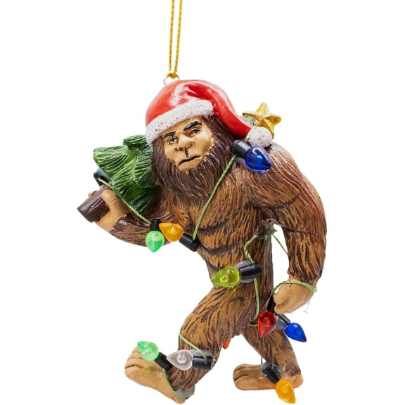 Ugly Bigfoot Wearing Santa Hat Walking with Tree Wrapped in Christmas Lights Sasquatch Funny Ornament