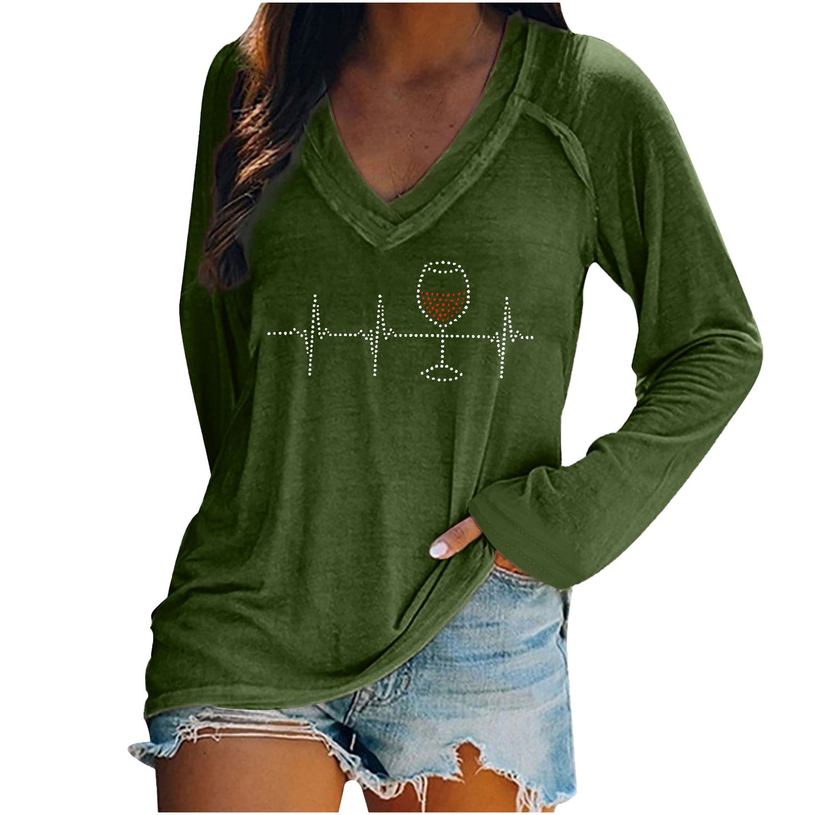 Ugly Christams Sweatshirt Loose Tunic Trendy Western Tops for Ladies V-Neck  Pullover Long Sleeve T Shirts Plus Size Tops Womens Fall Fashion Red Wine  Glass Santa Hat Graphic Sweatshirts Army Green XL 