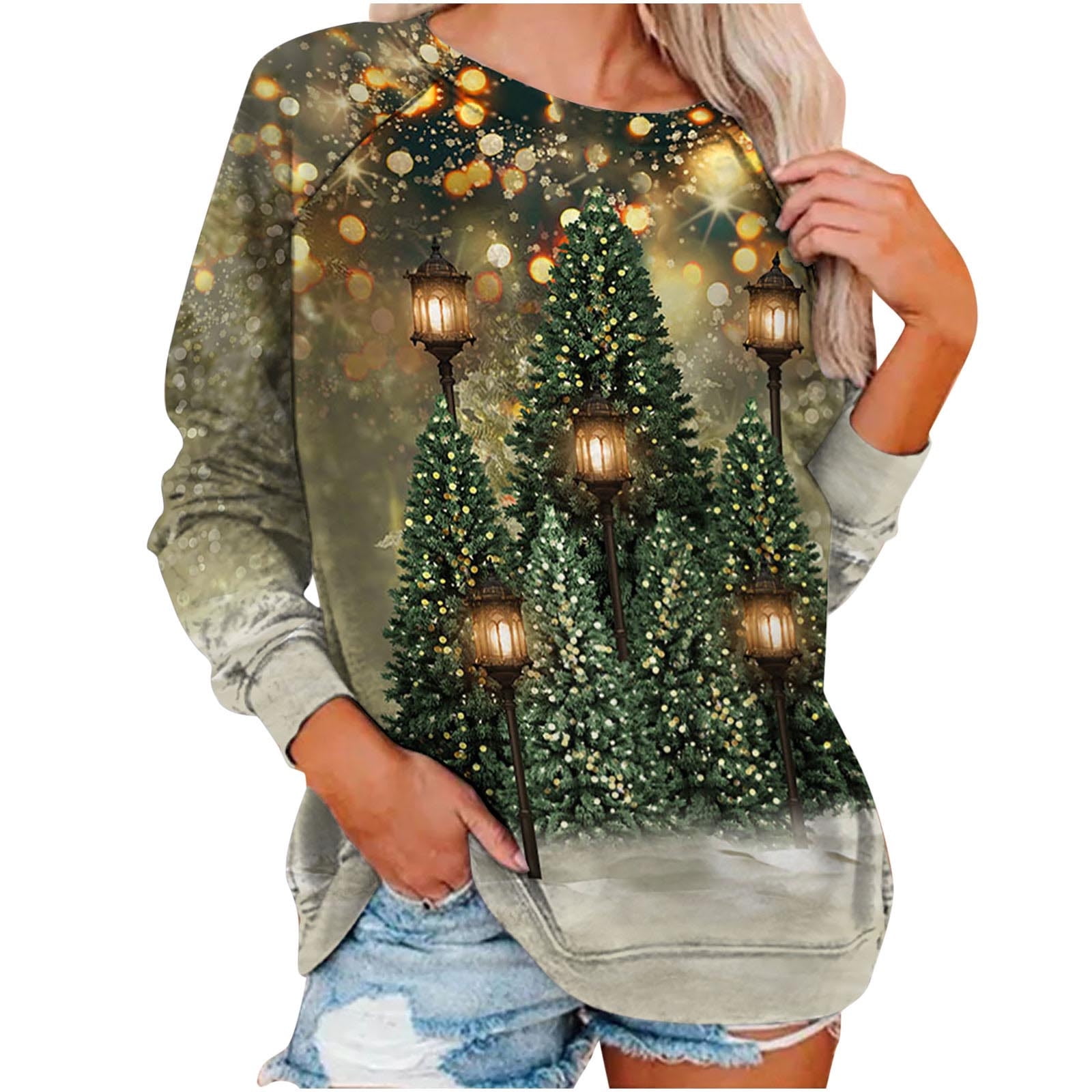Ugly Christams Sweatshirt Christmas Trees Graphic Sweatshirts Loose Tunic  Long Sleeve T Shirts Western Tops for Ladies Round Neck Pullover Plus Size