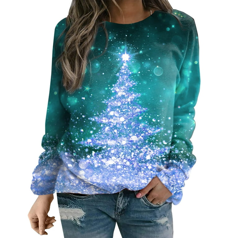 CZHJS Christmas Tree Shirts for Women Long Sleeve Tops Sweatshirts for Women Trendy Crewneck Loose Fitting Pullover Bright Xmas Graphic Walmart