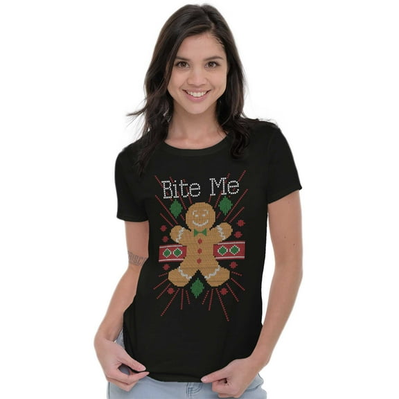 Ugly Christmas Bite Me Gingerbread Man Women's T Shirt Ladies Tee Brisco Brands S