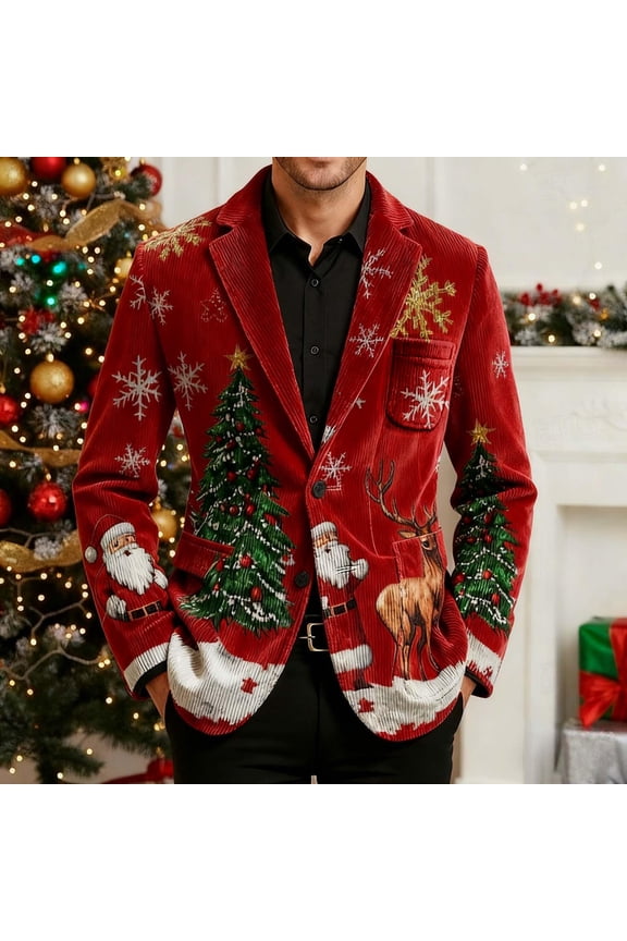 Ugly Christmas Blazer Men Corduroy Slim Fit Jacket 3 Button Funny Xmas Print Vintage Holiday Party Sport Coat Mint Green 3XL