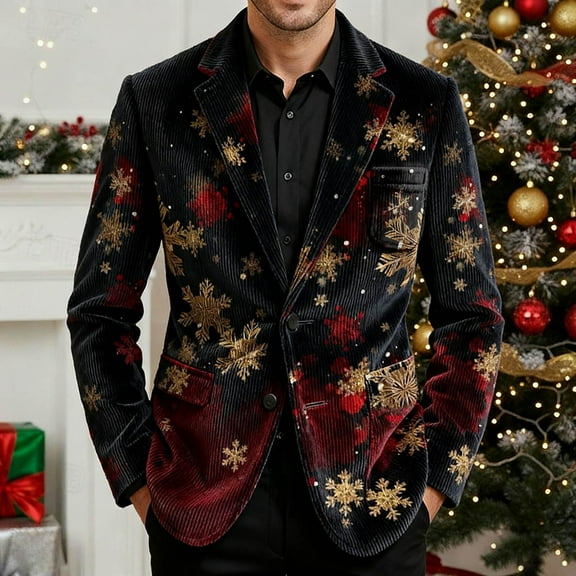 Ugly Christmas Blazer Men Corduroy Slim Fit Jacket 3 Button Funny Xmas Print Vintage Holiday Party Sport Coat Multicolor 2XL