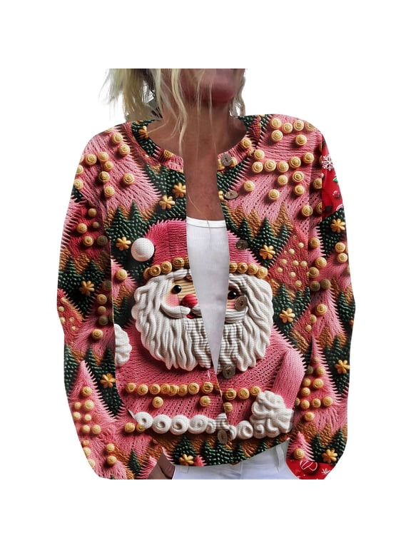 Ugly Christmas Cardigan, Santa Claus Christmas Tree Print Button Front Long Sleeve Holiday Sweater