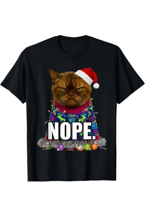 Ugly Christmas Cat Meme Grumpy Face Mood Disgusted Fun Unisex T-Shirt , up to Size 5XL