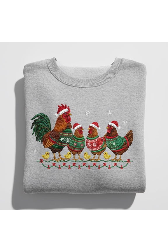 Ugly Christmas Chicken Sweater Embroidered Sweatshirt, Funny Farm Family Pullover, Rooster Hen Chicks Xmas Gift, Chicken Mom Dad