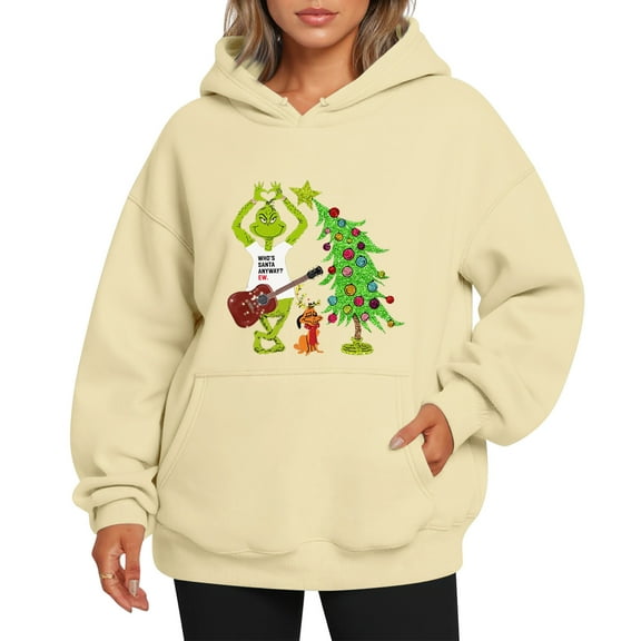 Ugly Christmas Hoodie Long Sleeve Christmas Tree Graphic Funny Cute Xmas Crewneck Hoodie Beige XL
