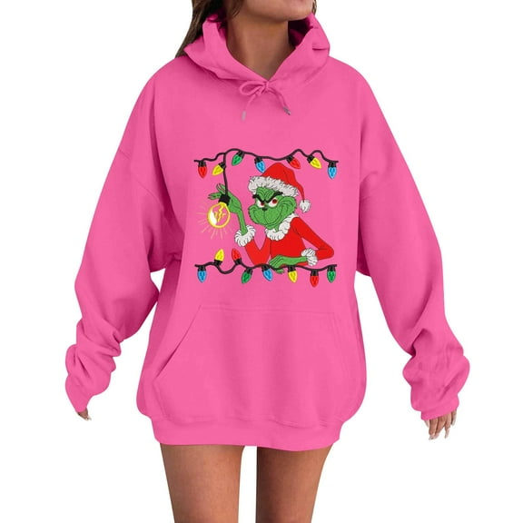 Ugly Christmas Hoodies for Women Christmas Tree Graphic Xmas Holiday Party Long Sleeve Pullover Hot Pink XXXL