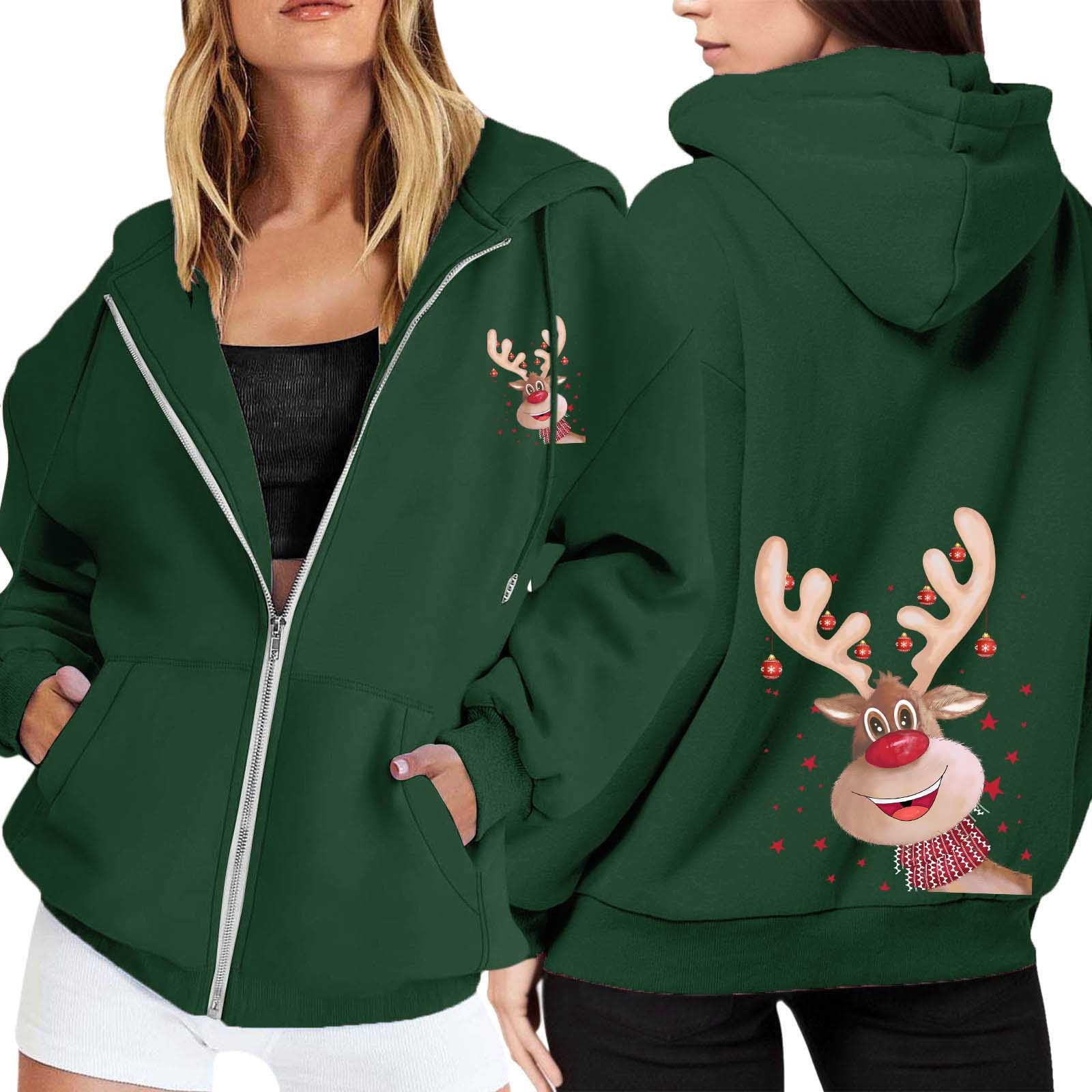 Ugly Christmas Hoodies for Women Zip Up Xmas Graphic Print Fleece Hooded Sweatshirts Funny Holiday Party Casual Jackets