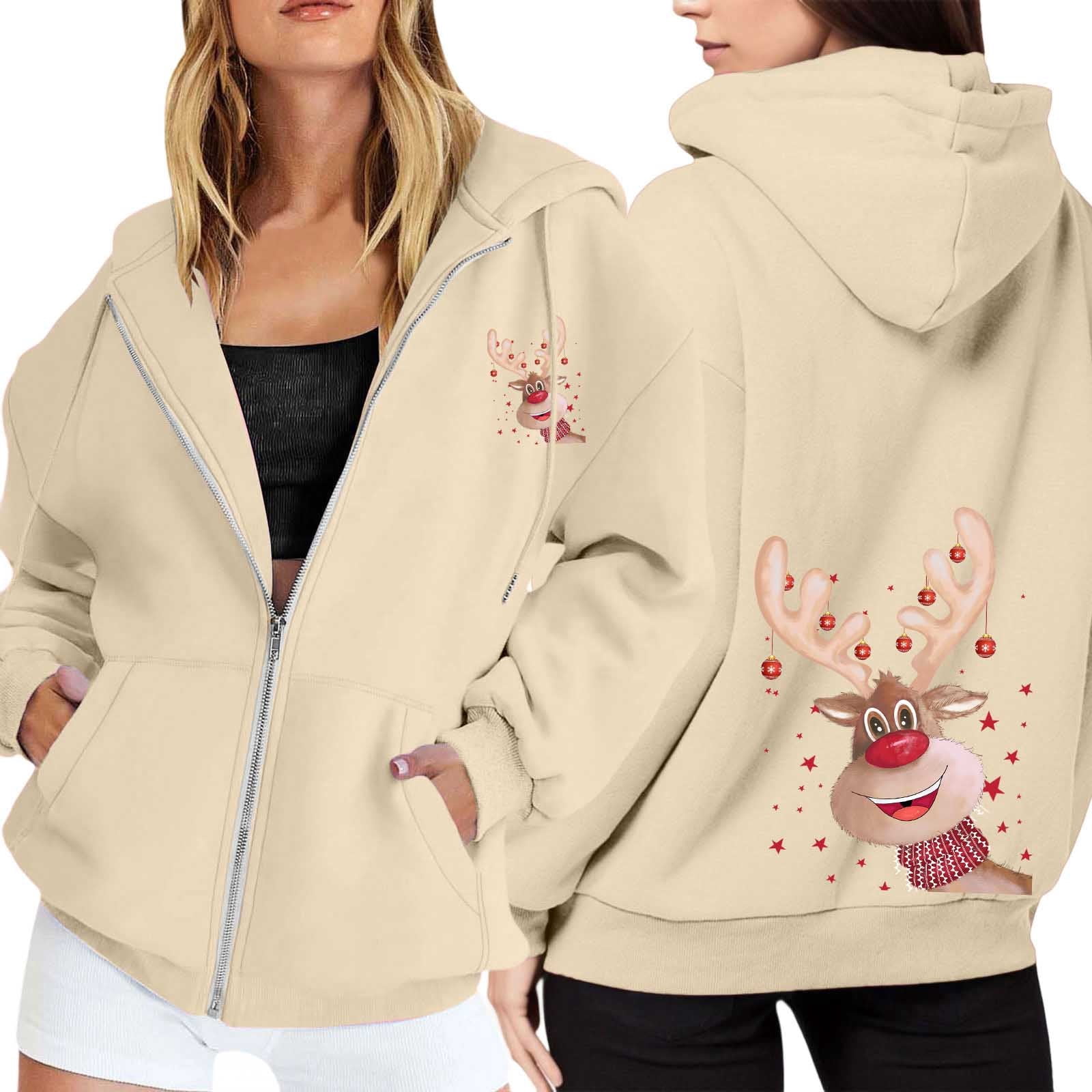 Ugly Christmas Hoodies for Women Zip Up Xmas Graphic Print Fleece Hooded Sweatshirts Funny Holiday Party Casual Jackets