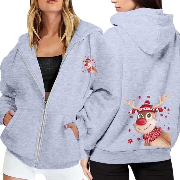 Ugly Christmas Hoodies for Women Zip Up Xmas Graphic Print Fleece Hooded Sweatshirts Funny Holiday Party Casual Jackets