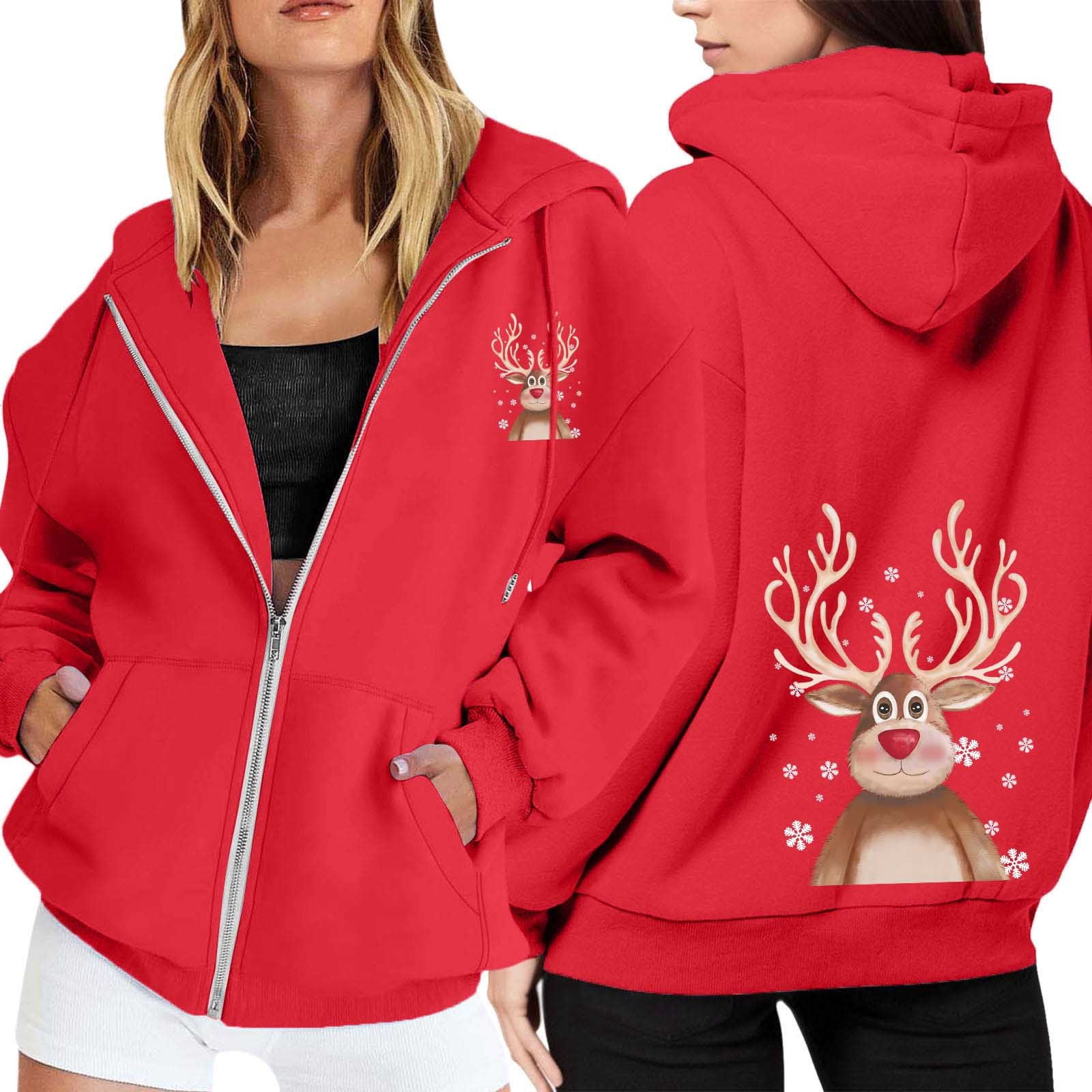 Ugly Christmas Hoodies for Women Zip Up Xmas Graphic Print Fleece Hooded Sweatshirts Funny Holiday Party Casual Jackets