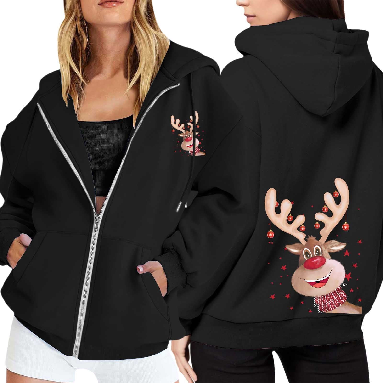 Ugly Christmas Hoodies for Women Zip Up Xmas Graphic Print Fleece Hooded Sweatshirts Funny Holiday Party Casual Jackets