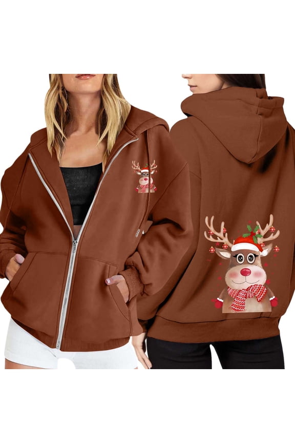 Ugly Christmas Hoodies for Women Zip Up Xmas Graphic Print Fleece Hooded Sweatshirts Funny Holiday Party Casual Jackets