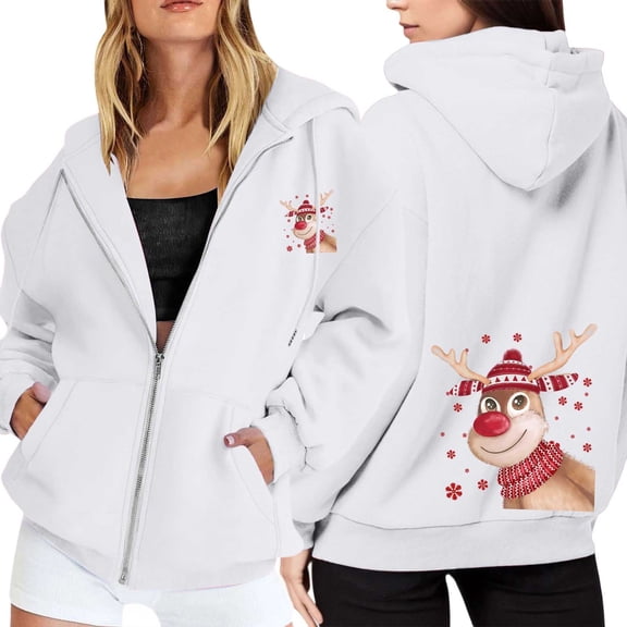 Ugly Christmas Hoodies for Women Zip Up Xmas Graphic Print Fleece Hooded Sweatshirts Funny Holiday Party Casual Jackets
