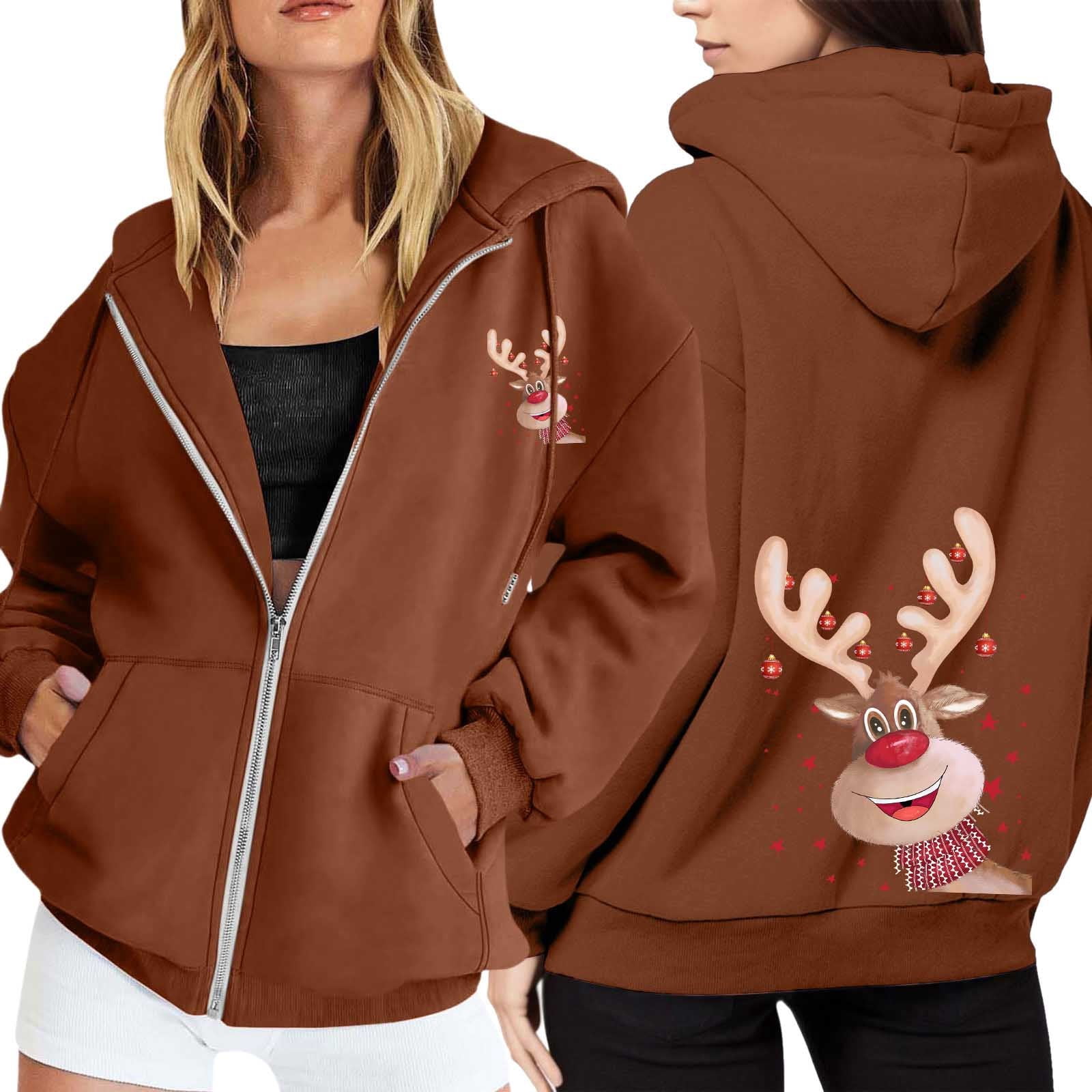 Ugly Christmas Hoodies for Women Zip Up Xmas Graphic Print Fleece Hooded Sweatshirts Funny Holiday Party Casual Jackets