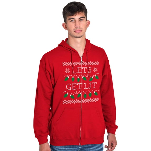 Ugly Christmas Lights Lets Get Lit Zip Up Hoodie Men's Women's Brisco Brands S