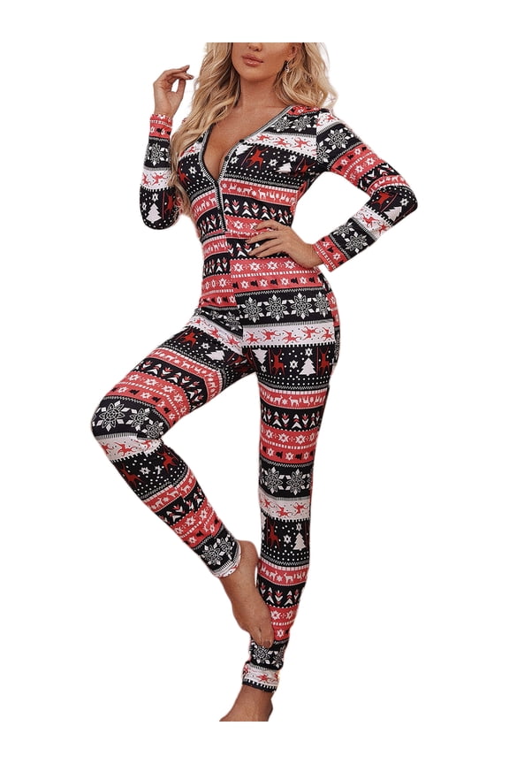 Ugly Christmas Pajamas for Women Onesies Pajamas V Neck Bodycon Jumpsuit Bodysuit Sleepwear Nightwear