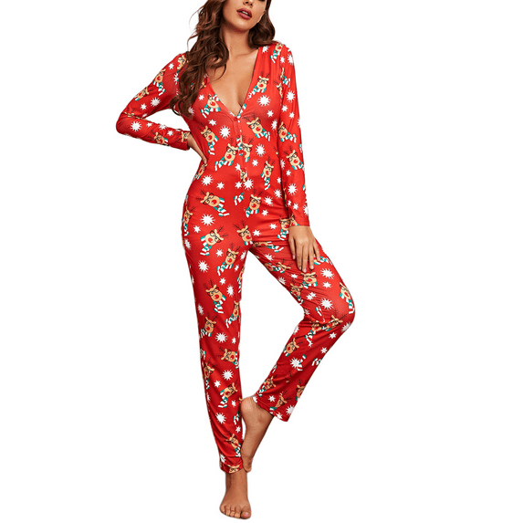 Ugly Christmas Pajamas for Women Onesies Pajamas V Neck Bodycon Jumpsuit Bodysuit Sleepwear Nightwear