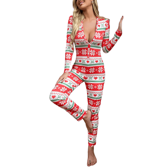 Ugly Christmas Pajamas for Women Onesies Pajamas V Neck Bodycon Jumpsuit Bodysuit Sleepwear Nightwear