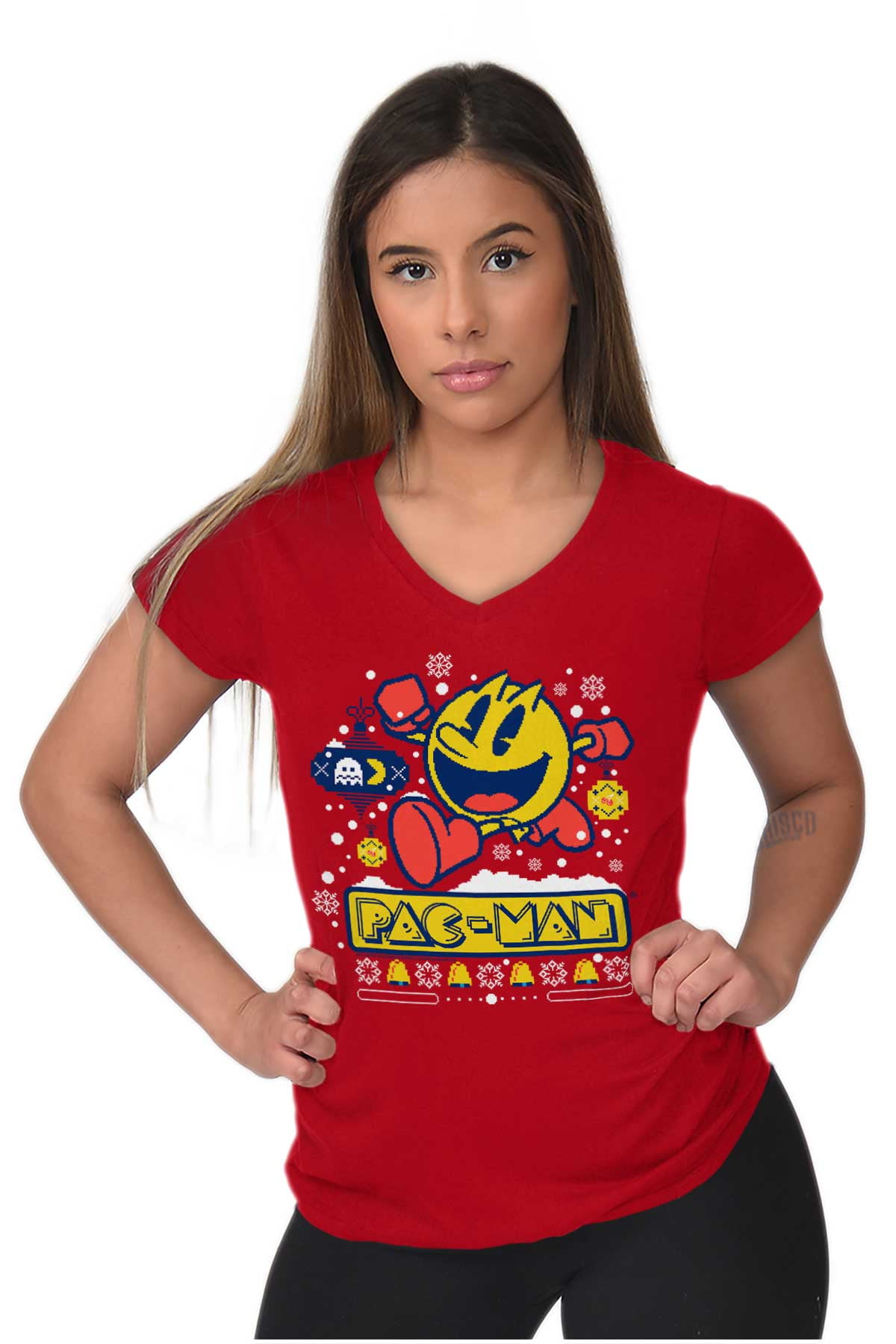 Ugly Christmas Pattern PACMAN Holiday Women's Petite VNeck T Shirt