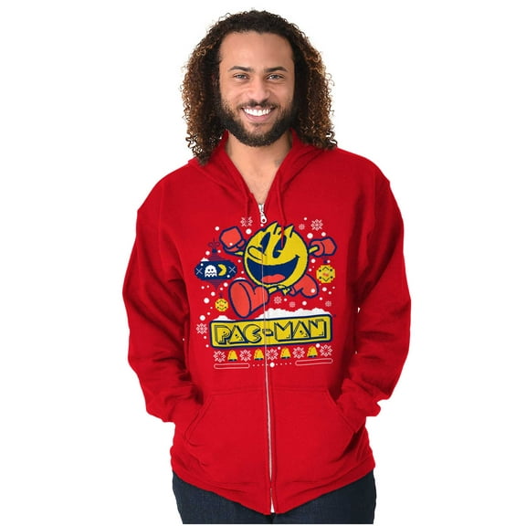 Ugly Christmas Pattern PACMAN Holiday Zip Up Hoodie Men's Women's Brisco Brands L
