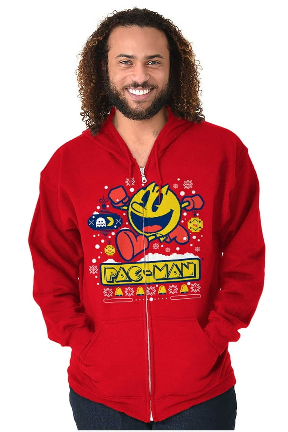 Ugly Christmas Pattern PACMAN Holiday Zip Up Hoodie Men's Women's Brisco Brands L