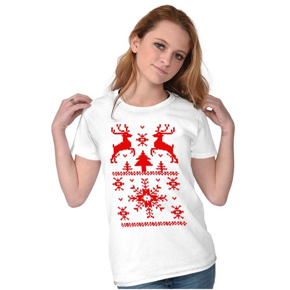 Ugly Christmas Reindeer Pattern Womens Slim Fit Graphic Tee Brisco Brands L