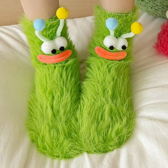 Ugly Christmas Socks for Women, Novelty Googly Eye Plush Socks with Funny Faces, Warm Crew Length Sleeping Socks for Winter, Cute Couple Gift Idea
