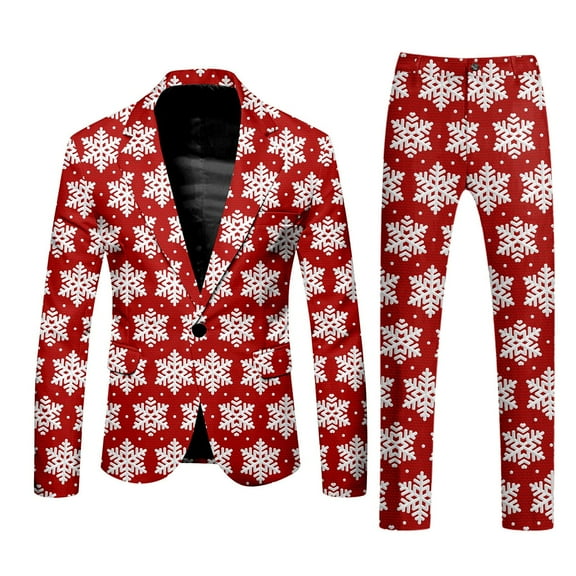 Ugly Christmas Suits for Men 2 Piece Funny Snowflake Print One Button Lapel Jacket Blazer And Pant Set Slim Fit Winter Party Holiday Christmas Suit